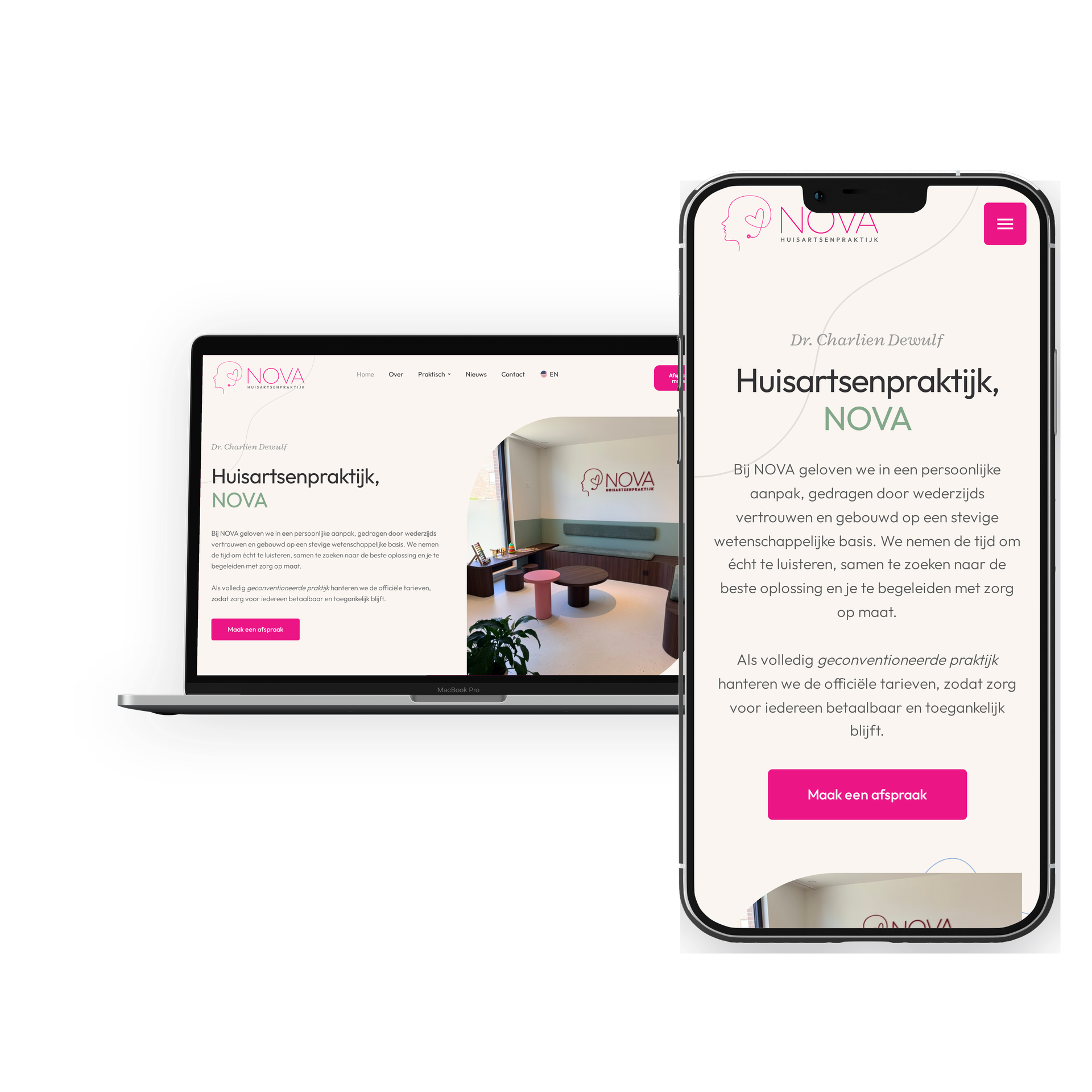 Website Huisartsenpraktijk Nova op laptop en iPhone, ontworpen door The Batcave