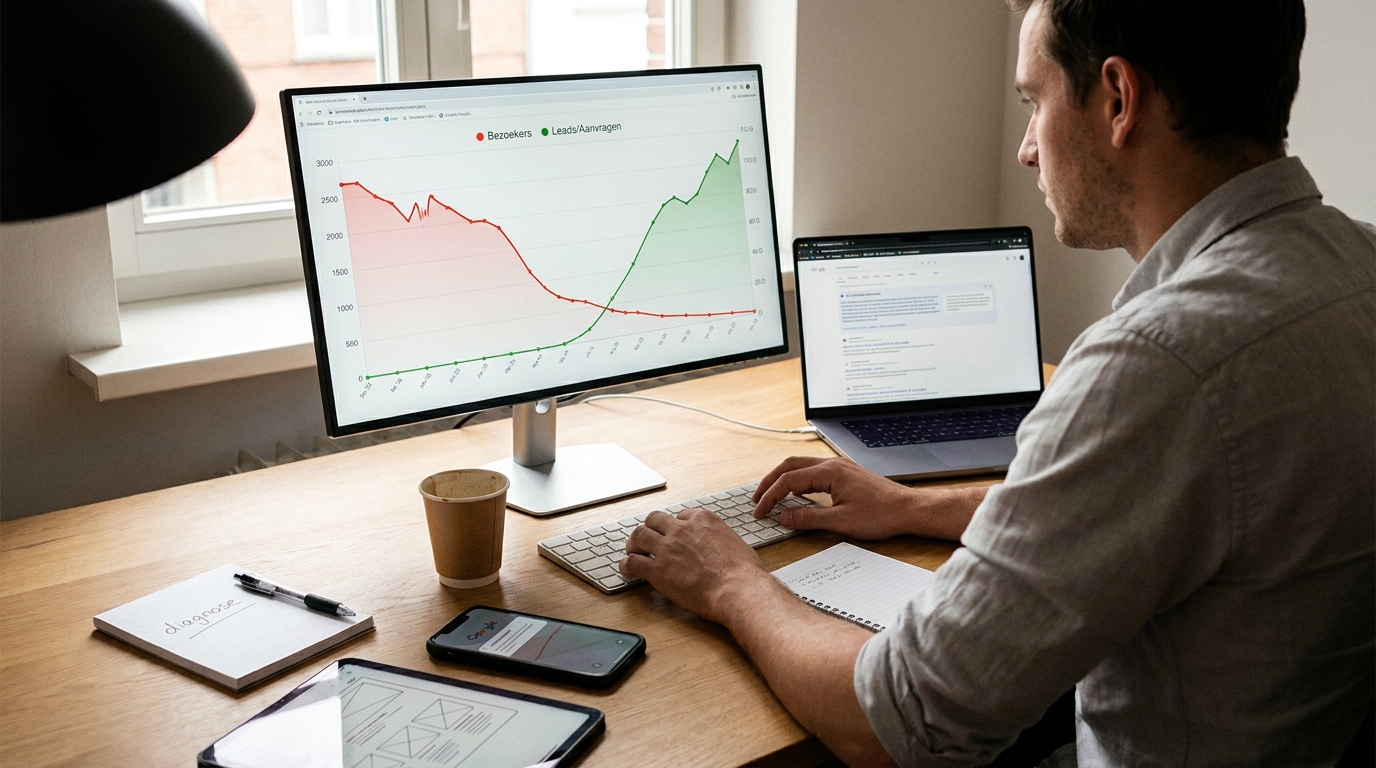 Ondernemer vergelijkt dalende websitebezoekers met stijgende aanvragen op een scherm